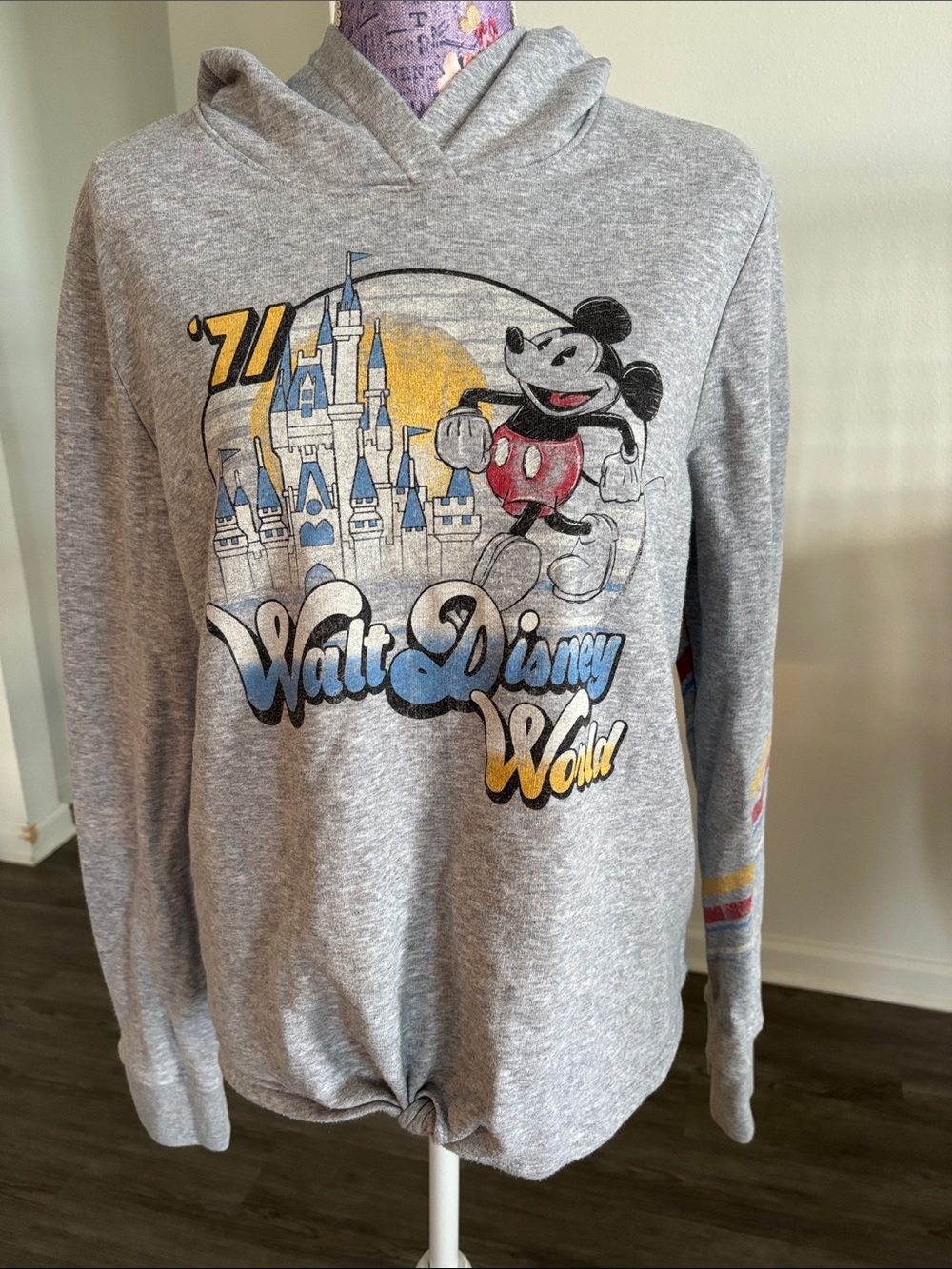 Disney Gray Mickey Castle Crewneck Sweater with Blue and Yellow Accents